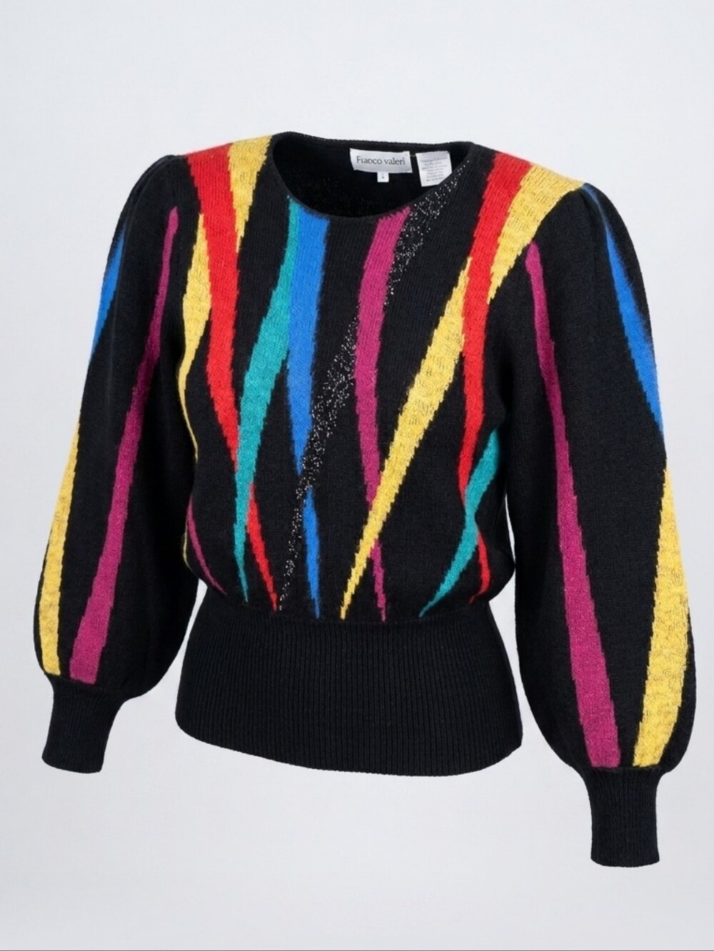 Vintage Franco Valeri Black Multicolor Stripe Puff-Sleeve Women's Sweater Size L